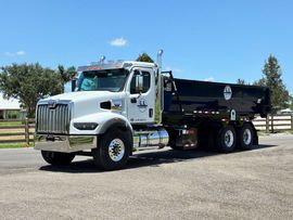White dump truck parked on a sunny roadside with a black bed and chrome fuel tank.