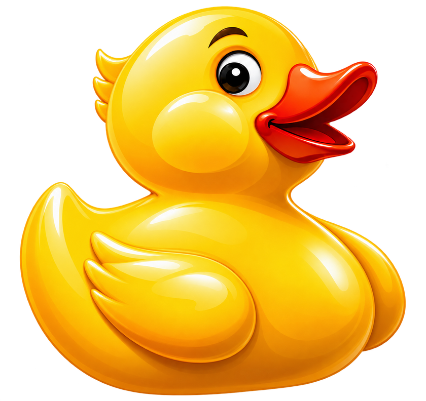 Yellow rubber duck wearing a black vest, with crossed wings and open beak