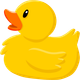 Yellow cartoon duck with an orange beak and black eye, facing left