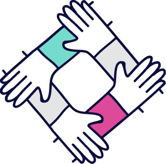 Hands clasped together in a square, with teal, gray, pink, and white blocks.