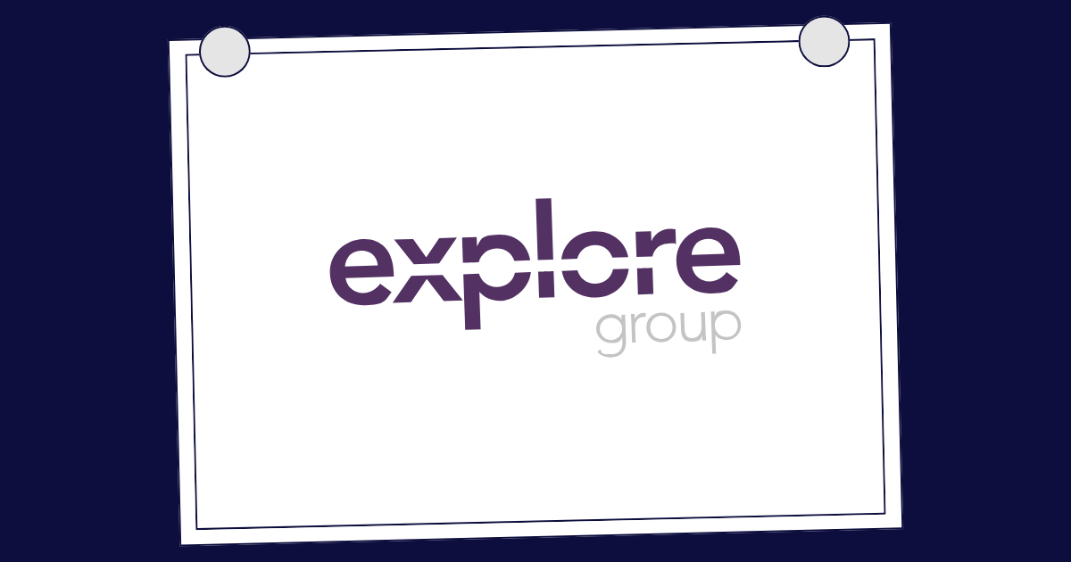 Explore Group logo on a white sign with purple text and border