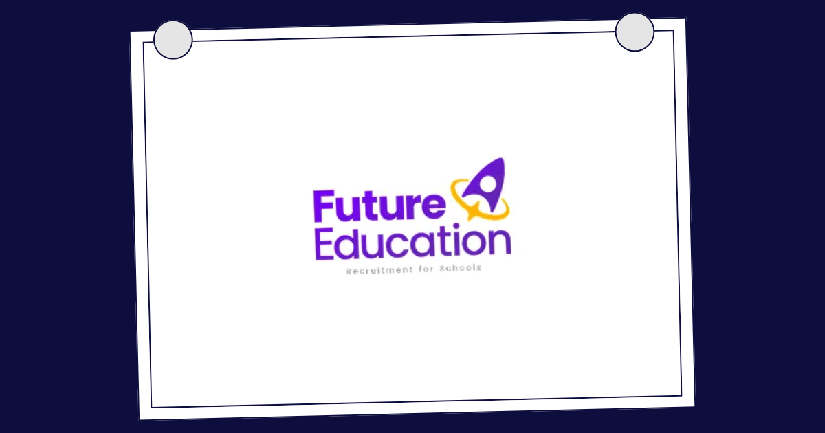 Future Education logo on white paper, rocket design, purple and gold.