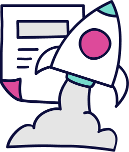 White rocket launching next to a document with text, indicating a project launch.