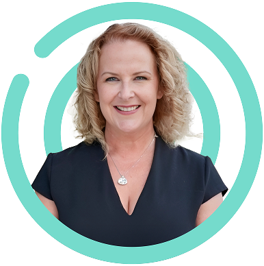 Woman with blonde hair smiling, wearing a black top, within a teal circular design.