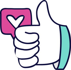 White hand with thumb up, holding pink speech bubble with white heart. Teal wristband.