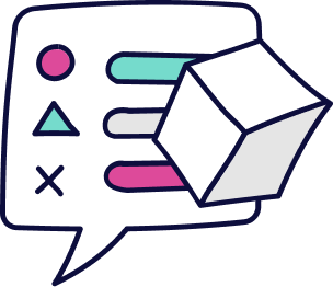 Speech bubble with checklist and cube, suggesting options and decisions.