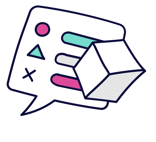 White speech bubble with lines, shapes and a 3D cube.