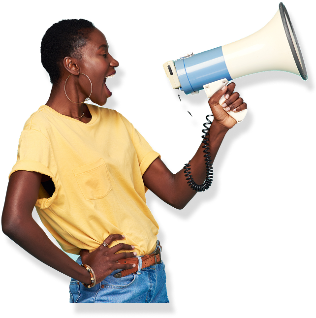 Woman yelling into a blue and white megaphone, with hand on hip.