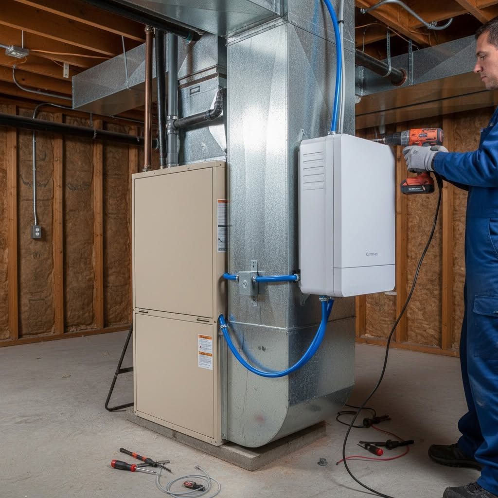 Technician installing electrical equipment in an unfinished basement with exposed framing and ductwork