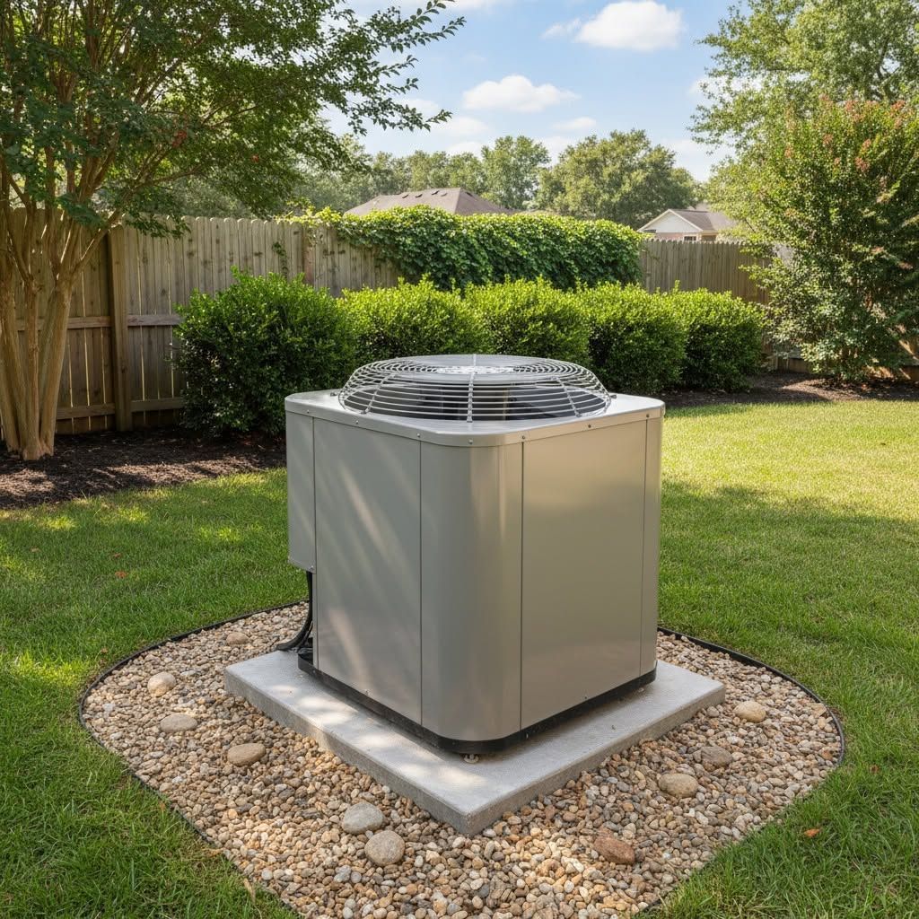 Outdoor HVAC unit on a concrete pad in a grassy backyard, surrounded by gravel and a wooden fence.