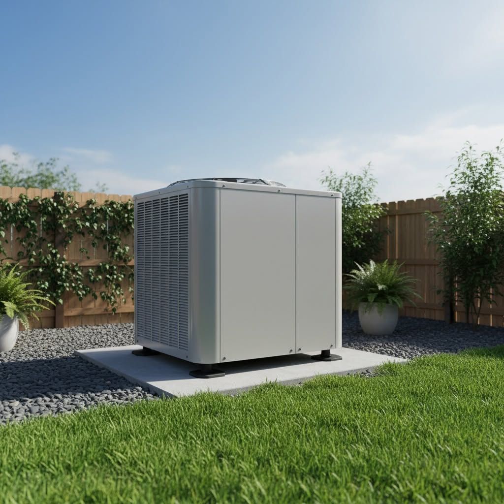 Outdoor HVAC unit on a concrete pad in a landscaped backyard with grass, shrubs, and a fence