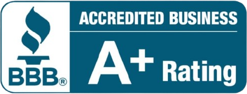 BBB Accredited Business A+ rating logo in teal and white