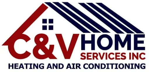 C&V Home Services Inc. logo with red, blue, and white house roof graphic and HVAC tagline