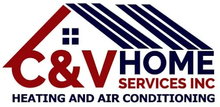 C&V Home Services Inc. logo with red, blue, and white house roof graphic and HVAC tagline
