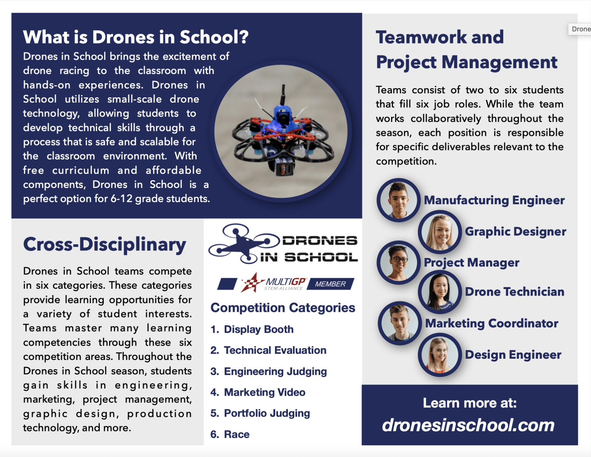 A brochure about drones in school with a picture of a drone
