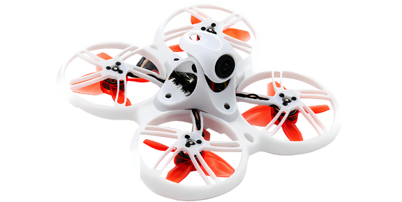 A small drone with red and white wings and a camera on a white background.