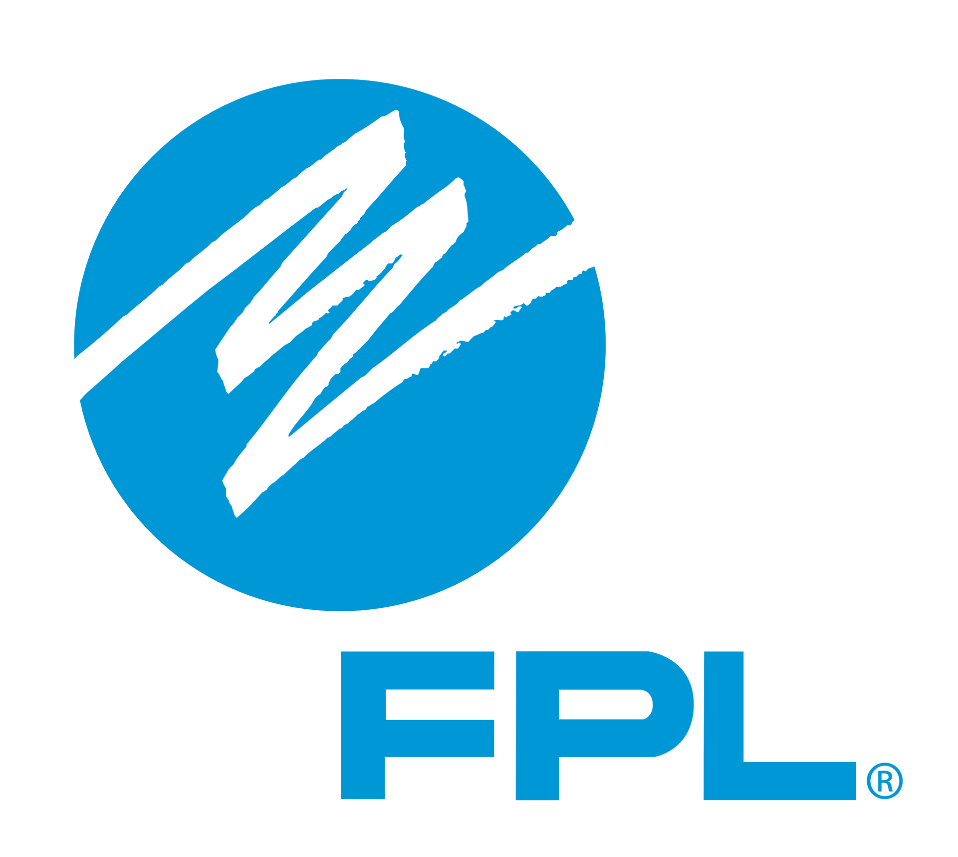 A blue and white fpl logo on a white background