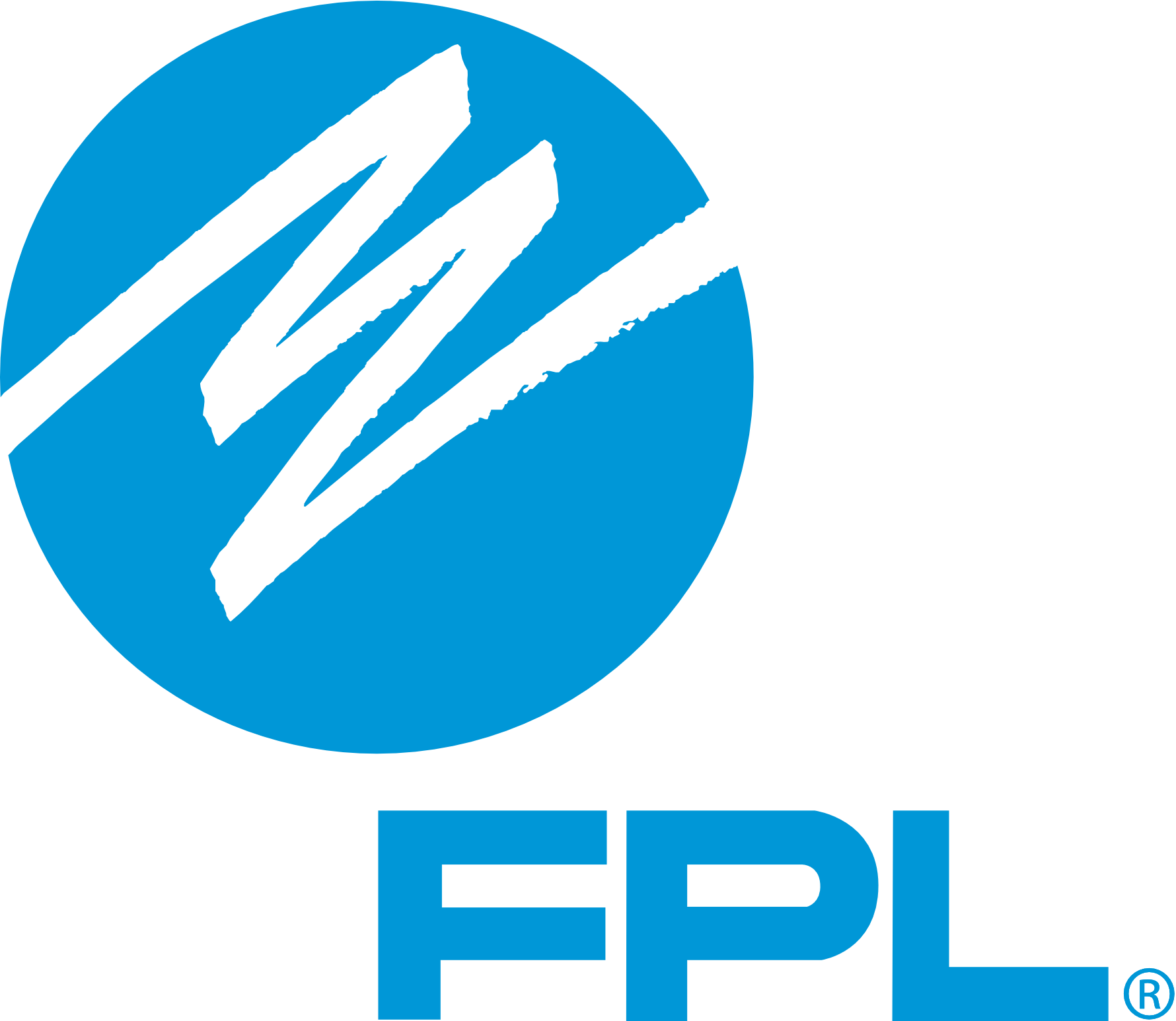 A blue and white logo for fpl with a white circle