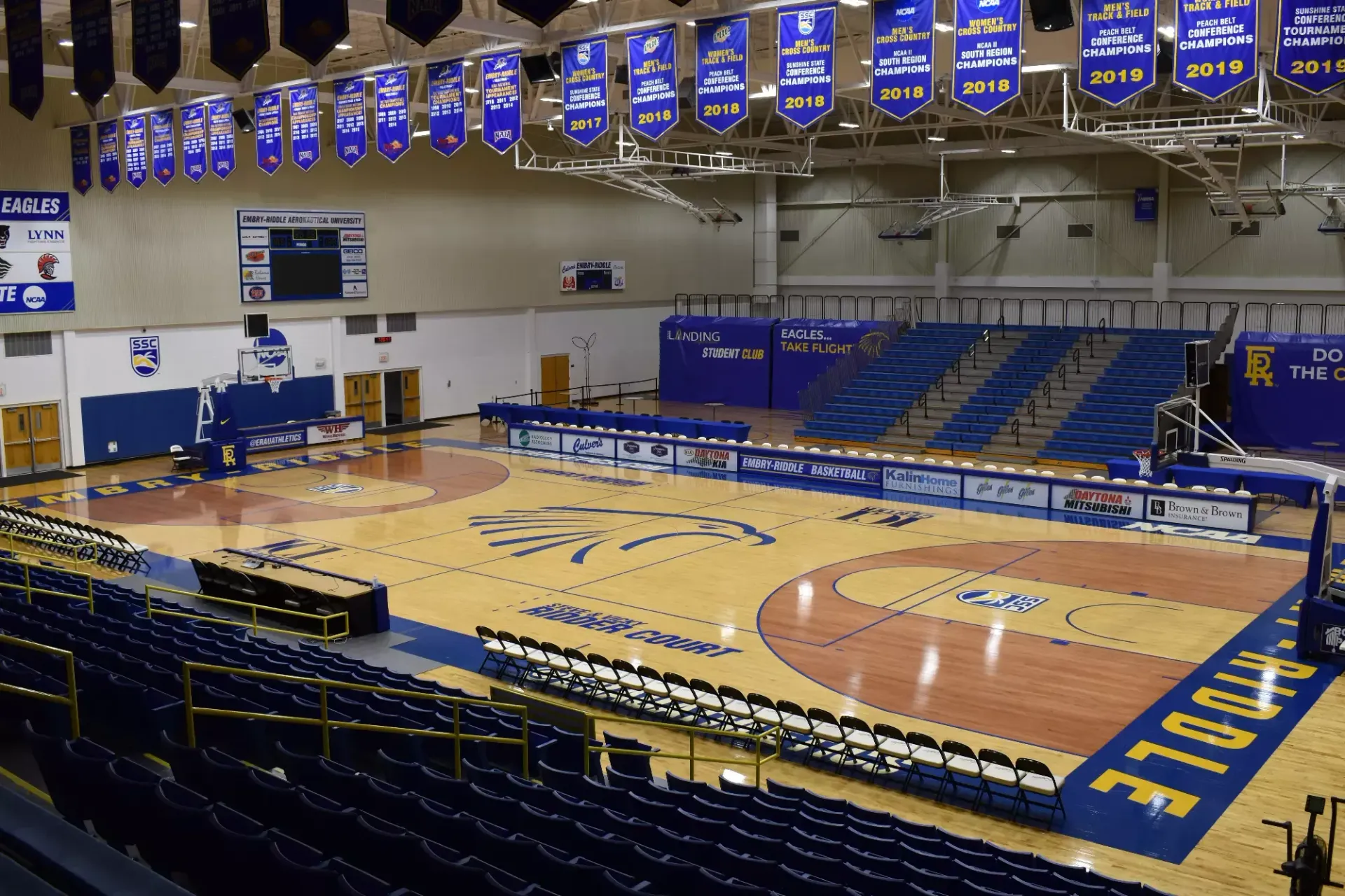 A basketball court with the word falcons on it