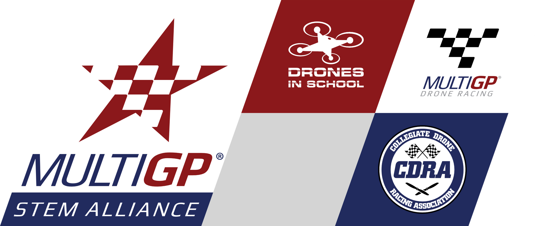 The logos for multigp stem alliance and drones in school