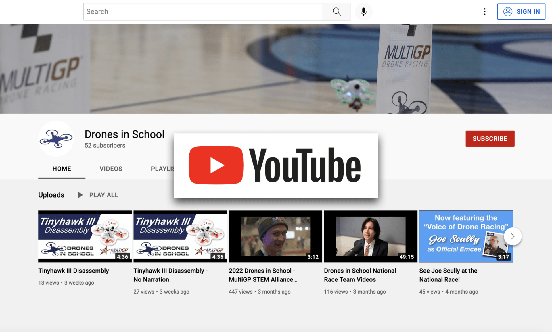 A screenshot of a youtube channel for drones in school