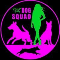 Pink and green logo with two dog silhouettes, a woman's silhouette, and text: "Dog Squad," "Privet Valley".