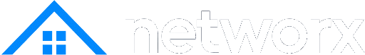 A logo for a network with a blue triangle on a white background.