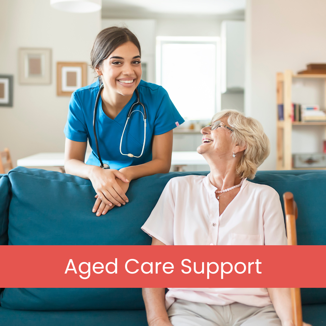 A healthcare worker in blue scrubs smiles at an older adult on a blue couch, under the text 