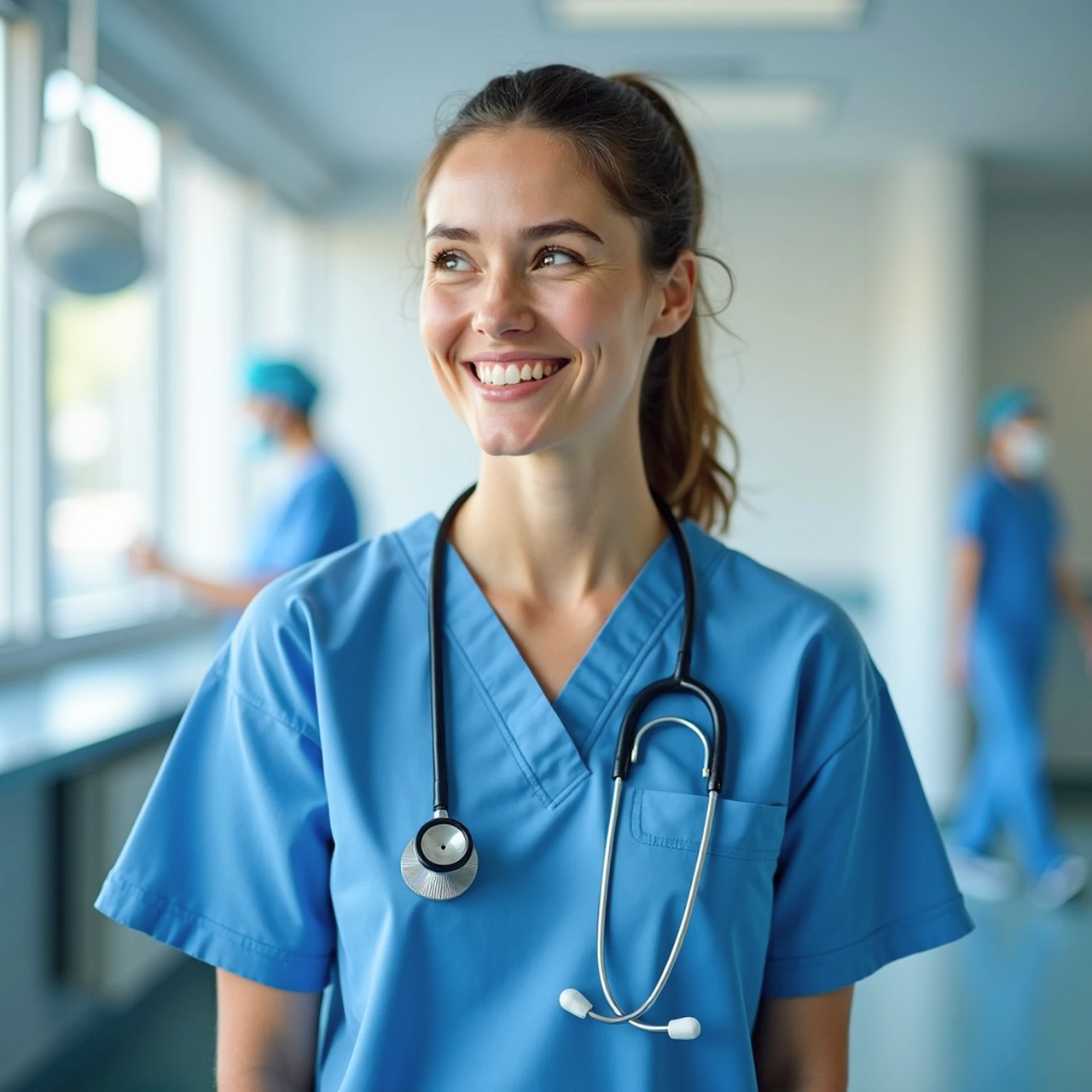 A smiling medical professional in blue scrubs with a stethoscope around their neck, standing in a hospital hallway.