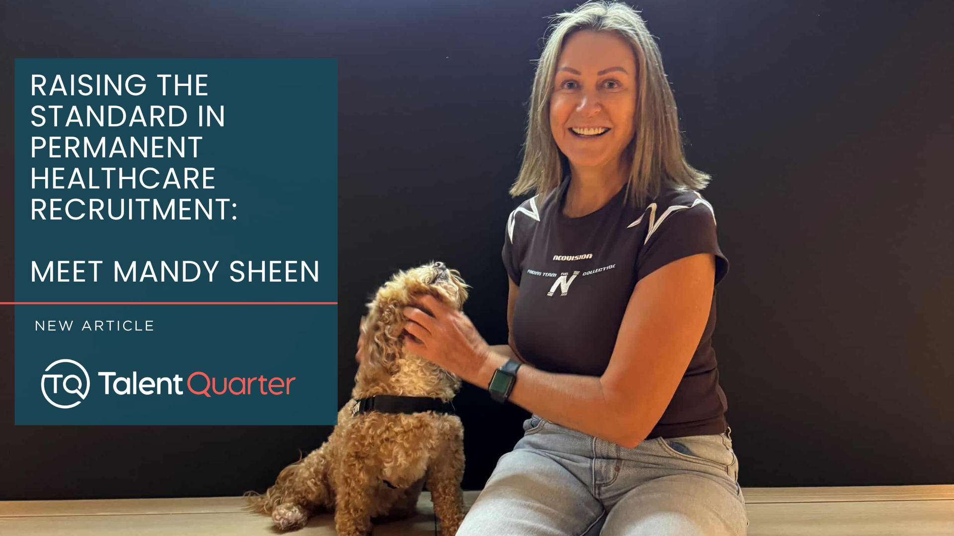 A woman smiles while petting a small, light-brown dog. To the left, a blue graphic displays