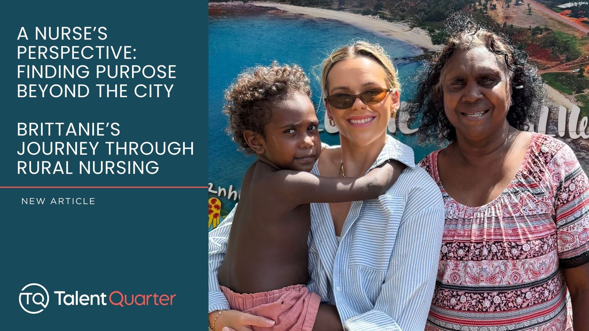 Three people pose together outdoors; an article title text block is on the left next to the Talent Quarter logo.