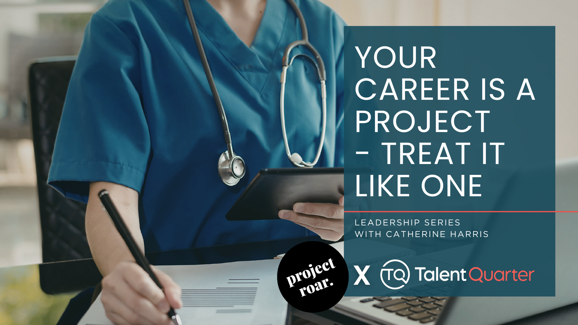 A medical professional writes at a desk next to text that reads: