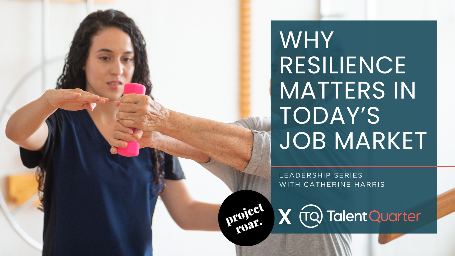 Woman demonstrating a wrist exercise with text overlay: “Why resilience matters in today’s job market”