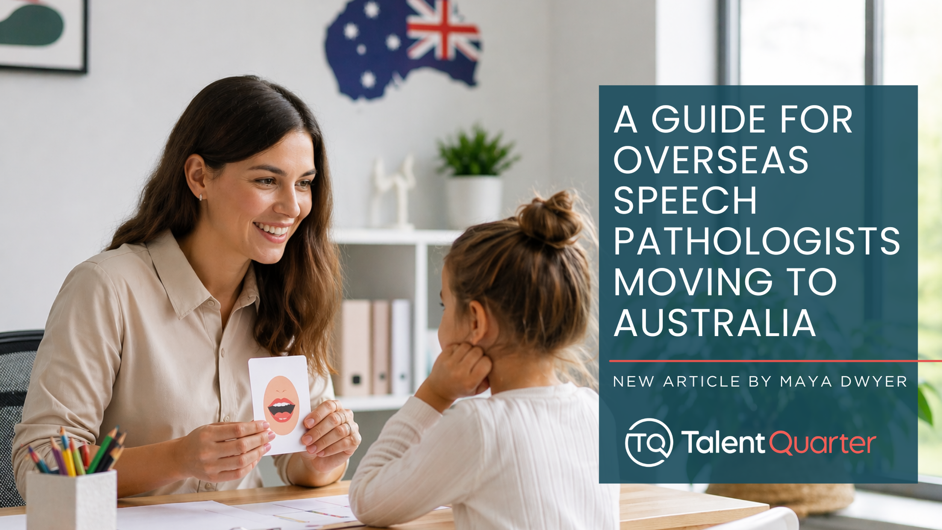 Two women in a clinic talking, with a teal title card reading “A Guide for Overseas Speech Pathologists Moving to Australia.”