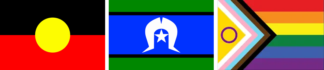 The Aboriginal flag, the Torres Strait Islander flag, and the Progress Pride flag displayed side-by-side.