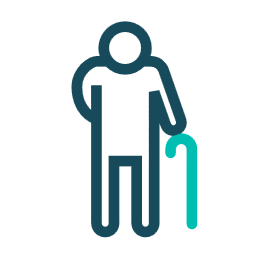 An icon of a person standing, leaning on a cane, outlined in dark teal with the cane highlighted in bright teal.