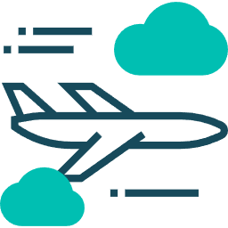 An outline of a dark teal airplane flying horizontally between two bright teal clouds, with motion lines on either side.