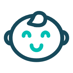 A simple, dark blue outline of a baby's head with a teal, smiling face and a small tuft of hair on top.