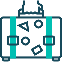 A dark teal and light green icon of a suitcase with stickers, being held by a hand.