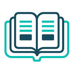 A stylized, open book icon in shades of dark blue and teal with horizontal lines representing text.