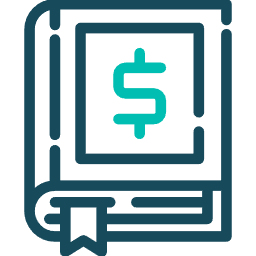 A dark blue icon of a closed book with a teal dollar sign on the cover and a small ribbon bookmark hanging from the bottom.