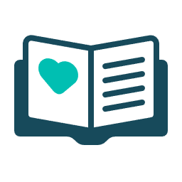 An open book icon in dark teal with a bright teal heart on the left page and horizontal lines on the right.