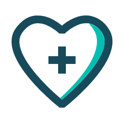 A dark teal heart icon with a plus sign in the center and a bright teal highlight on the right edge.