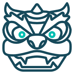 A dark blue, geometric, minimalist icon of a Chinese lion dance mask with teal eyes.
