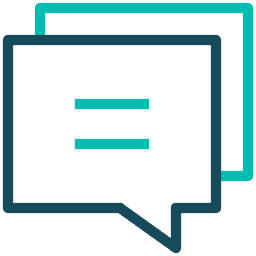 A teal and dark blue icon featuring two overlapping speech bubbles, with two horizontal lines in the front bubble.