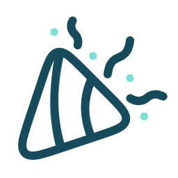A teal party popper icon releasing curly confetti and small dots against a white background.