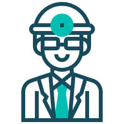 An icon of a professional wearing glasses and a head mirror, rendered in dark blue and teal outlines.