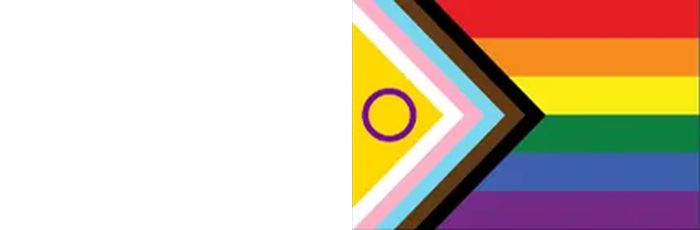 An Intersex-inclusive Progress Pride flag featuring a yellow triangle with a purple circle on a white background.