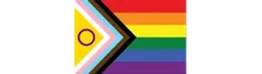 Intersex-inclusive Progress Pride flag: six rainbow stripes with a chevron of colors and a purple circle on a yellow field.