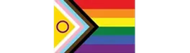 Intersex-inclusive Progress Pride flag: six rainbow stripes with a chevron of colors and a purple circle on a yellow field.